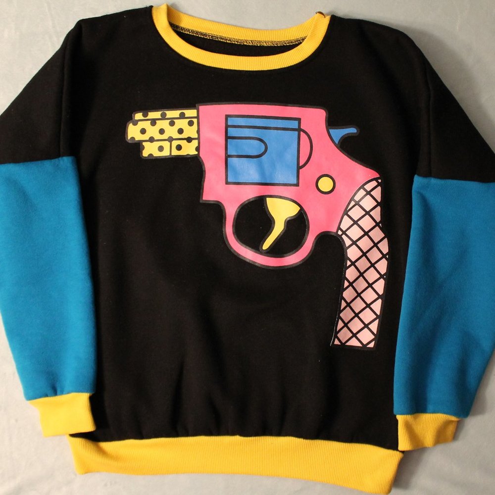 Women's Black Pullover Sweater with Colorful Graphic